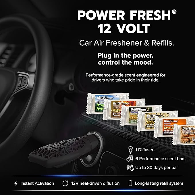Drive Time Power Fresh 12V Car Air Freshener Bundle – Matte Black Plug-In Diffuser + 6 Long-Lasting Scent Bars (Up to 30 Days Each) – Refillable Automotive Freshener for Clean, Fresh Car Interior