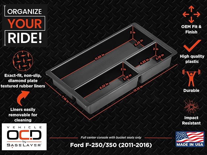 Vehicle OCD - Center Console Organizer Tray for Ford F250 / F350 SuperDuty (2011-2016) - Made in USA - SLX142