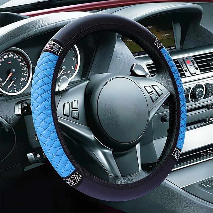 Bling Soft Leather Steering Wheel Cover, 15" Anti-Slip Sparkly Crystal Auto Elastic Steering Wheel Protector for Women Girl, Colorful Diamond Car Interior Accessory for Most Cars (Blue)