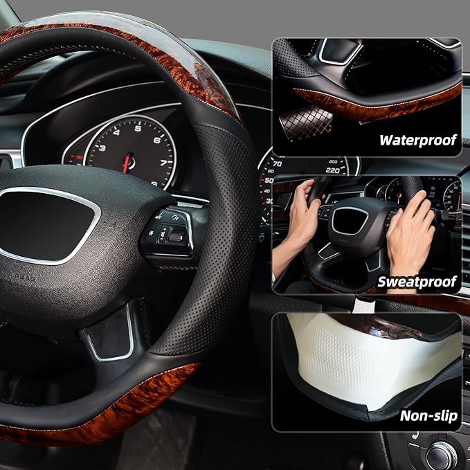 KAFEEK D Shaped Steering Wheel Cover, Luxury Wood Grain with Sporty Perforated Leather, Flat Bottom Steering Wheel Protector, Universal 14.5-15 Inch, Anti-Slip Comfort Grip, Black