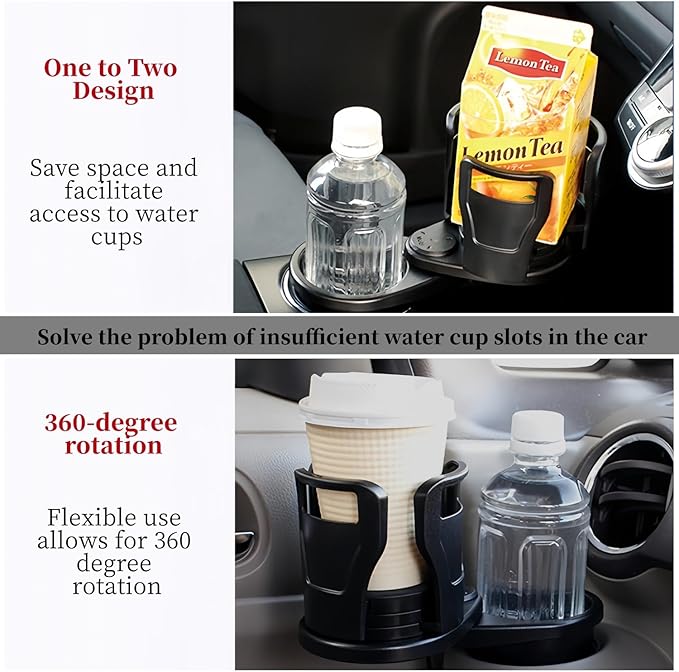 Universal Car Cup Holder Expander, 360-Degree Rotating Adjustable Drink Holder, Black Multi-Cup Mount for Vehicle Console, 7.32 x 2.59 x 3.34 Inches