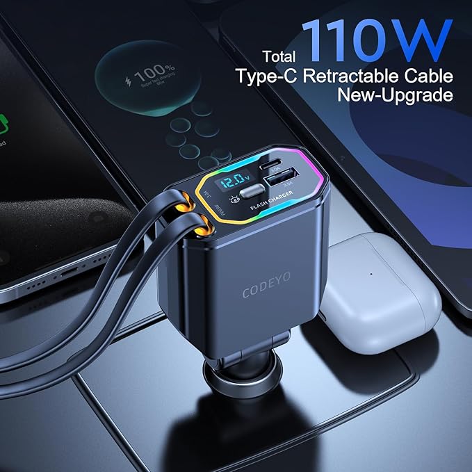 Retractable RGB Light PD 65W 110W Dual USB C Car Charger, 35.43 inches Retractable Cord, Type C Car Charger for iPhone 16/15/14/13/12, Samsung, USB-C MacBook Laptop