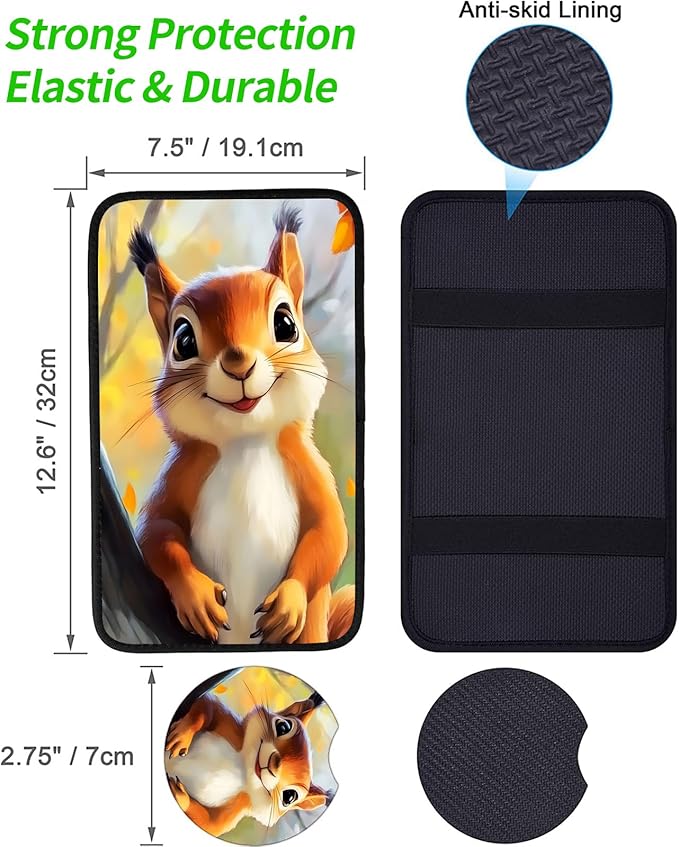 JANENFNA Car Armrest Cover Pads Universal Fashion Cute Auto Center Console Armrest Cover Pad with 2PCS Car Coasters Soft Waterproof Car Armrest Seat Protector for Women,Cute Squirrel