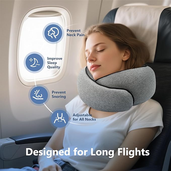 Purroch Advanced Memory Foam Neck Travel Pillow, Neck Pillow Airplane with Eye Mask & Ear Plugs, Designed for The Comfort of Travel & Office, Travel Pillow for Plane, Car, Home, Work， Grey