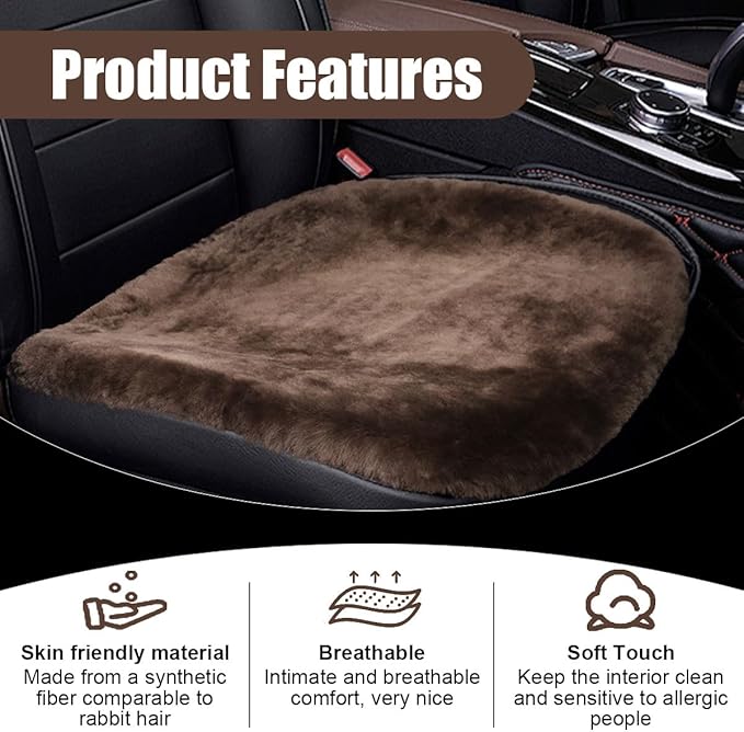Sheepskin Car Seat Cushion, Soft Comfort Winter Driver Seat Cover, Fluffy Faux Fur Front Seat Pad, Car Seat Protector Pad for Office Chair, Universal Interior Accessory for Car SUV Truck (Coffee)