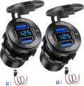 12V USB Outlet, 4 Port Aluminum Charger Socket 2 C PD & 2 QC3.0 with Voltmeter, 12V/24V Car USB Charger Socket for Car Boat Marine Bus Truck Golf RV Motorcycle and More 2-Pack