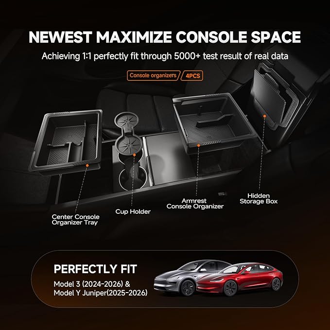 DooGooCoo Center Console Organizer for Tesla New Model Y Juniper/Model 3 [2-Layer Design, Easy Slide] Keep Console Clutter-Free Custom Fit for 2024-2026 Model 3 & Juniper Model Y Accessories, 4PC