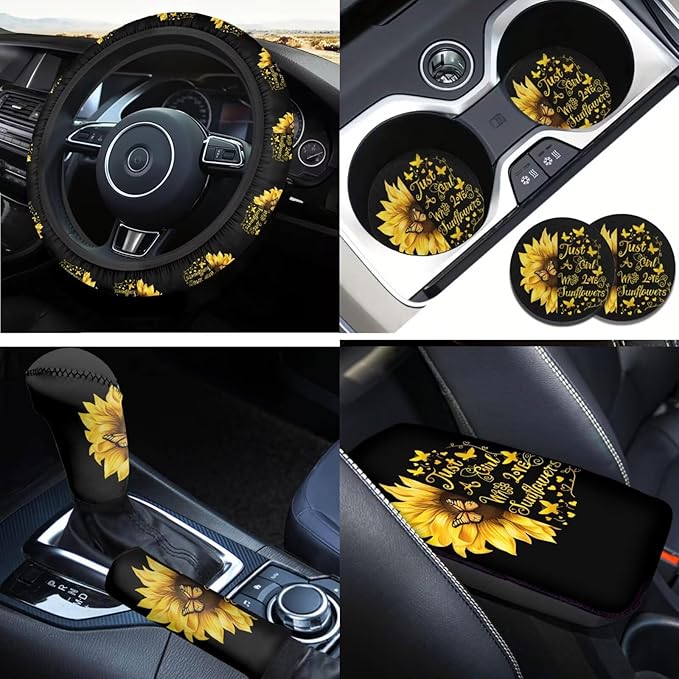 Sunflower Car Accessories for Women 6 PCS Steering Wheel Cover Black Sunflower Cup Coaster Car Armrest Cover Fits Most Cars Trucks Vans and SUV