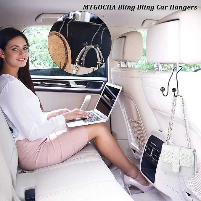 MTGOCHA Bling Purse Hook for Car Headrest, Upgraded Cute Car Seat Hooks for Bag Handbag, Durable Stainless Auto Purse Hanger Holder 2 Pack, All Black