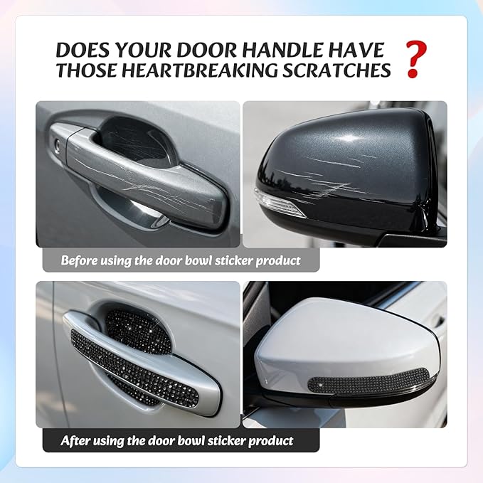 10PCS Bling Car Door Handle Protectors, 4 Door Bowl Stickers + 6 Handle Strips, Crystal Rhinestone Anti-Scratch Car Accessories, Sparkling Auto Decor Decals, Universal for SUV Sedan Truck (Black)