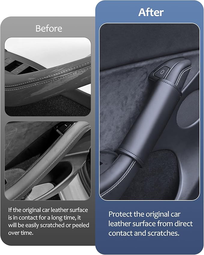 cybtkcar 2025 Tesla 4PCS Grab Handle Cover Model Y Model 3 2017-2025, Tesla Inside Door Handle Protector, Tesla Cover Door Handle Anti-Scratch Leather Handle Plate Model Y Model 3 Accessories