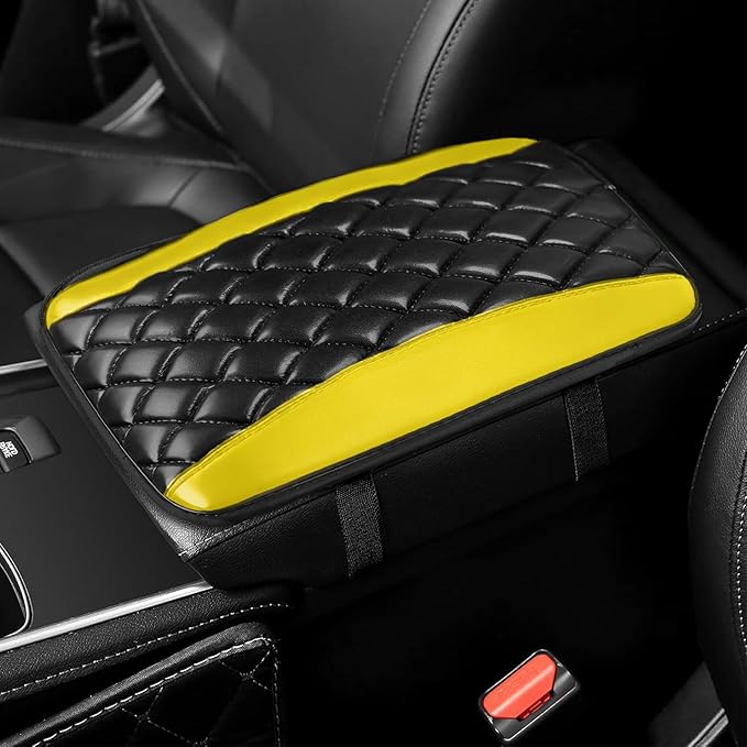 Car Center Console Cover, Leather Waterproof Armrest Seat Box Cushion Pad, Universal Decor Protector Mat, Comfortable Car Decor Accessories Fit for Most Cars, Vehicles, SUVs (Yellow)