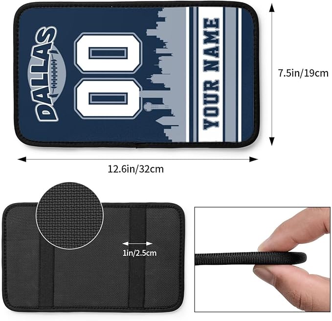 Custom Football Car Armrest Covers Personalized Football Style with Name Number Customized Auto Center Console Pad Car Handrail Box Cushion for Most Vehicle Decor Accessories, Blue