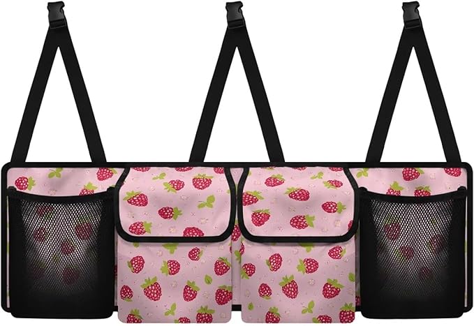 Large Capacity Car Trunk Organizer, Pink Strawberry Waterproof Oxford Backseat Hanging Storage Bag with 4 Pockets, Foldable Car Organization for Car Tools, Car Accessory for SUV Truck