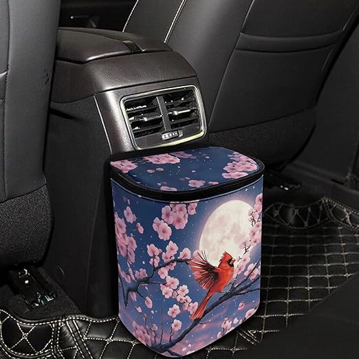 Talayituse Cardinal Moon Cherry Blossom Print Car Trash Can with Lid, Leak Proof Auto Trash Bag Hanging Vehicle Garbage Can Multipurpose Storage Container for Back Seat Road Trip