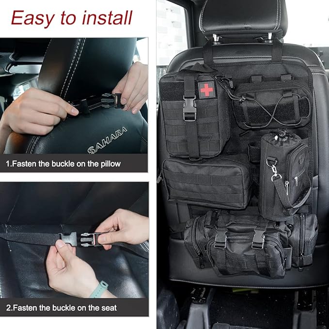 Tactical Car Seat Back Organizer Bag for Truck -with 5 Detachable Molle Pouch- 3 Different Size Admin Organizer(with Multi-Pocket) &1 Water Bottle Bag &1 Medical Kit(for All Vehicle)