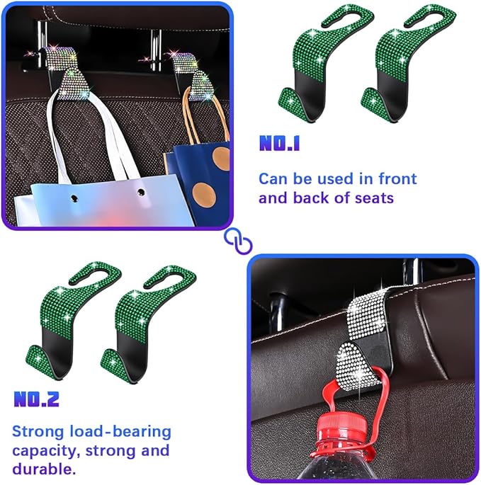 Bling Car Seat Headrest Hooks, 4PCS Crystal Rhinestone Vehicle Back Seat Hanger Holder for Handbags Purses Coats, Automotive Headrest Storage Organizer, Universal for RV SUV Truck (Green)