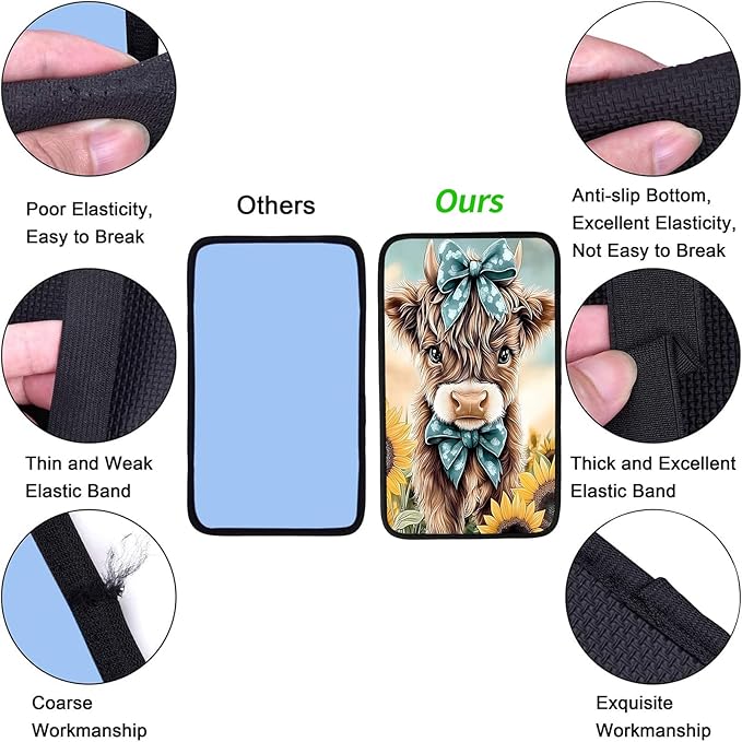 JANENFNA Car Armrest Cover Pads Universal Fashion Cute Auto Center Console Armrest Cover Pad with 2PCS Car Coasters Soft Waterproof Car Armrest Seat Protector for Women,Cow with Blue Bows-A