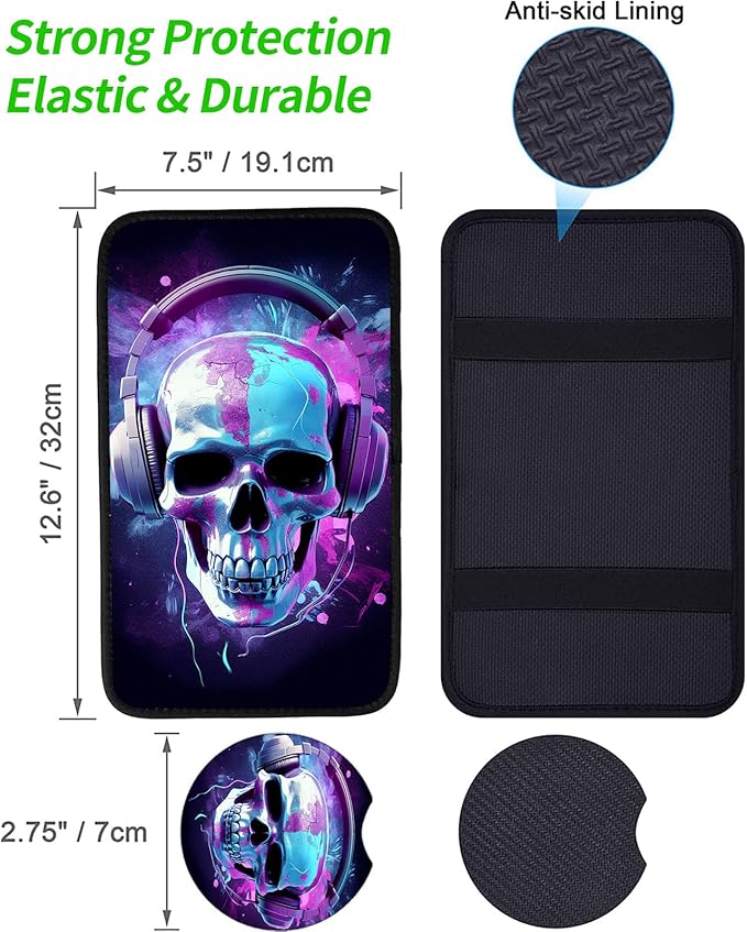 JANENFNA Car Armrest Cover Pads Universal Fashion Cute Auto Center Console Armrest Cover Pad with 2PCS Car Coasters Soft Waterproof Car Armrest Seat Protector for Women,Headphone Skull