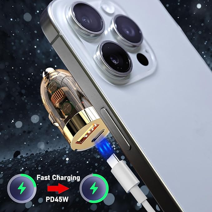 USB Car Charger Adapter Fast Charging PD45W+QC3.0 Dual Port Cigarette Lighter Charger for iPhone 16/15/14/13/12/11/Pro Max, iPad, Samsung Galaxy S25 S24/S23/S22/S21, Pixel, Android(golden-transparent)