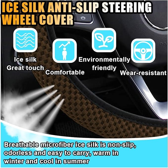 Stretch Elastic Steering Wheel Cover, All-Season Comfort, Warm in Winter & Cool in Summer, Universal 15 Inch Microfiber Breathable Ice Silk, Anti-Slip, Odorless, Easy Carry, Fit Car, SUV (Coffee)