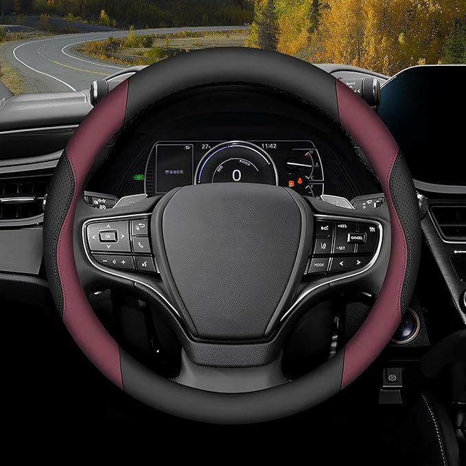 Mihecor Steering Wheel Cover Universal Standard Size 14.5-15 inch, Breathable Microfiber Leather, Anti-Slip, Soft Grip, Sporty Design, Fits for Cars SUVs Trucks, Black and Burgundy