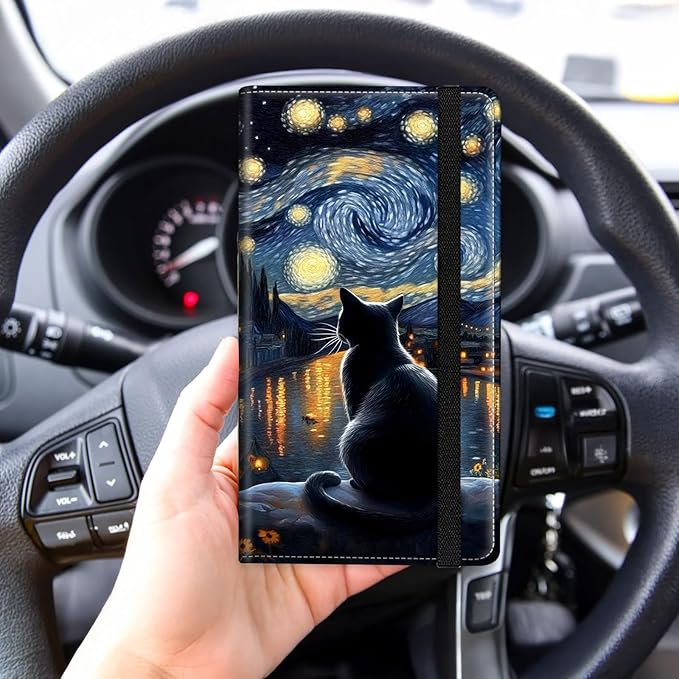 Tudguiloae Car Registration and Insurance Card Holder, Trunk Document Holder Organizer, Essential Vehicle Glove Box Organizer PU Leather Wallet for Driver,Starry Night Black Cat