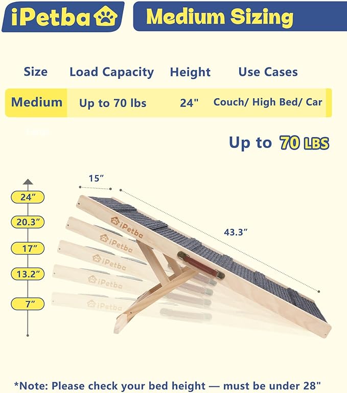 iPetba Dog Ramp for Bed & Couch for Small & Medium Dogs - Joint-Friendly, Anti-Slip, Adjustable, Odor-Free, Up to 70 lbs