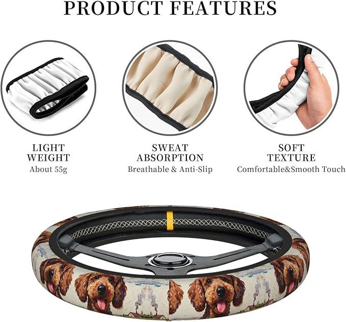 Multi-Color Poodle Dog Neoprene Steering Wheel Covers Women Men Car Accessories, Universal 15 Inch Fit Auto, Suvs, Truck