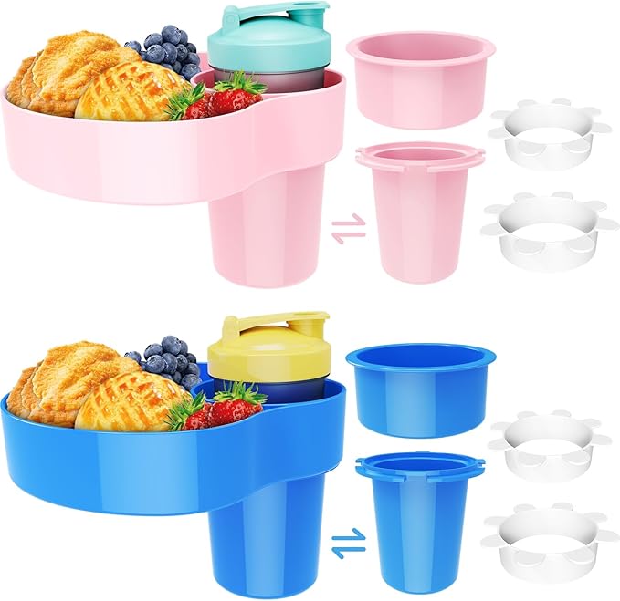 2PCS Car Seat Snack Tray for Kids: Kids Car Tray with Cup Holder, Toddlers Road Trip Essential, Travel Snacks Food Plate Cup Holder (Blue&Pink)