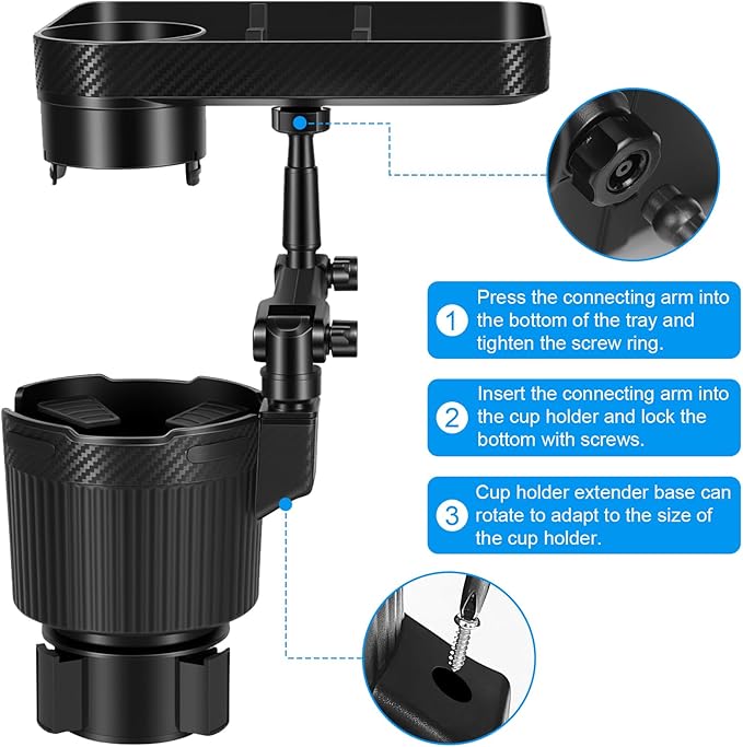 Car Cup Holder Tray, Car Food Tray for Eating with Phone Holder, Large Car Cup Holder Expander with Adjustable Base, Fit in 2.52-3.54 inch Car Holder, Road Trip Essentials