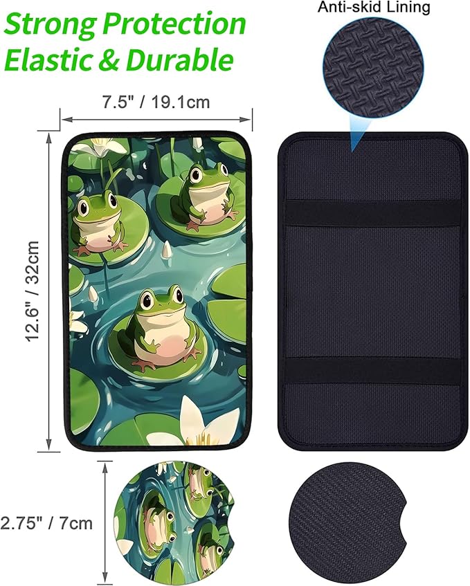 JANENFNA Car Armrest Cover Pads Universal Fashion Cute Auto Center Console Armrest Cover Pad with 2PCS Car Coasters Soft Waterproof Car Armrest Seat Protector for Women,Cute Frog on Lotus Leaf