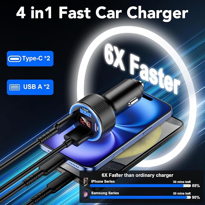 4-Port USB C Car Charger Fast Charging, Car Phone Charger Adapter with 30W PD & QC3.0 Dual USB C & USB A Port Real-Time LED Voltmeter 12V/24V Cigarette Lighter Adapter for iPhone Galaxy & Android