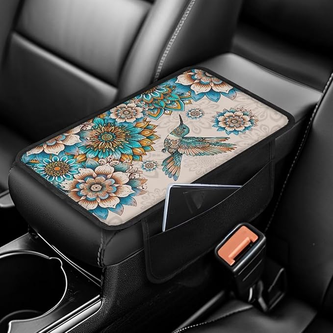 BIGCARJOB Hummingbird Lotus Armrest Cover for Car Center Console Auto Interior Accessories Boho Lotus Center Console Armrest Pads Car Armrest Seat Box Cover Cushion,Universal Fit