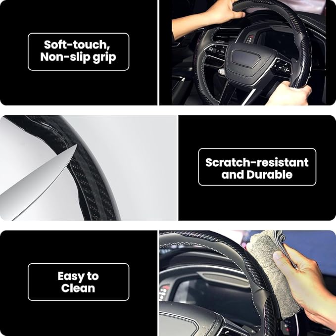 Carbon Fiber Steering Wheel Cover 3PCS Set – Anti-Slip, Scratch-Resistant, Universal Fit for 14–16 Inch Wheels – Interior Car Accessories for Cars, SUVs, Trucks (Black)