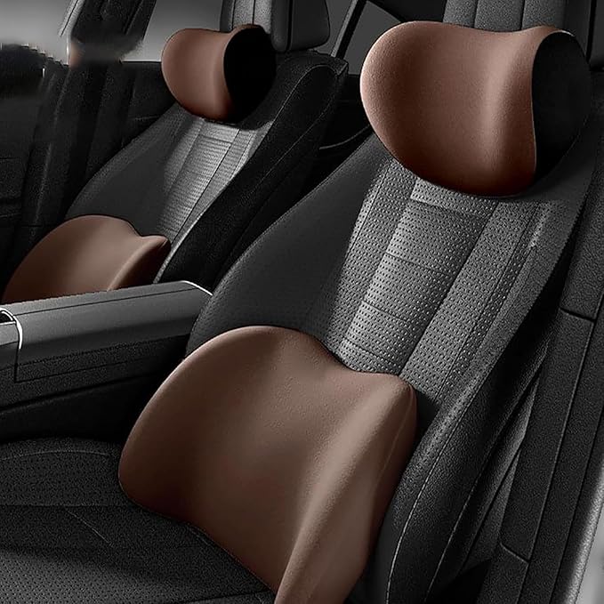 New Car Headrest & Lumbar Support Cushion for Ford F-350 SuperCrew 2009-2024, Ergonomic Memory Foam Seat Headrest Neck Rest Cushion Breathable Removable Cover for Neck Back Relief,C/Brown