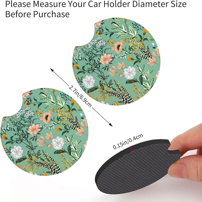 Wild Plant Flowers Steering Wheel Cover for Women Men with 2 Pcs Car Coasters, 15 Inches Neoprene Anti-Slip Cute Universal Green Car Accessories Protective Cover for Vehicle