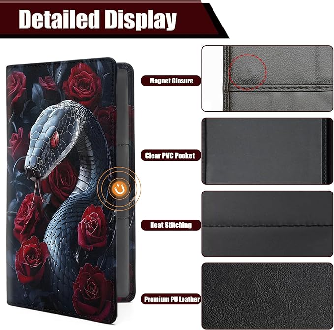 Car Document Holder with Magnetic Shut, Car Registration and Insurance Card Holder, Vehicle Glove Box Organizer Documents, Driver License, Auto Paperwork Organizer Wallet, Black Snake Guarding Rose