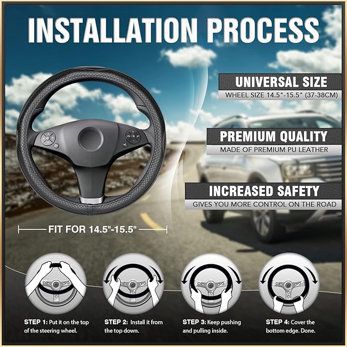 K KNODEL Universal Fit Steering Wheel Cover, Microfiber Leather Car Steering Wheel Cover, Anti-Slip Car Wheel Protector, 15 Inch (Black)