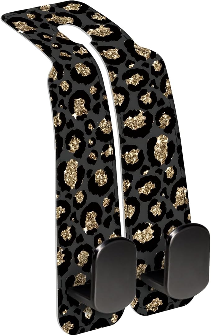 AXBSAKDI Car Seat Back Storage Headrest Hook, Premium Leather Double Metal Hook, Hanger Storage Organizer for Purse Cloth Bag, Car Interior Accessories Glitter Gold Leopard