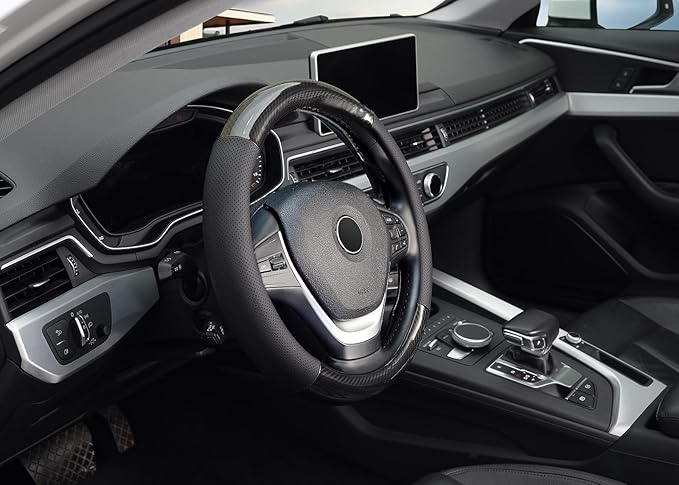 KAFEEK Classic Carbon Fiber Steering Wheel Cover, Universal 15 inch, Breathable Microfiber Leather, Black