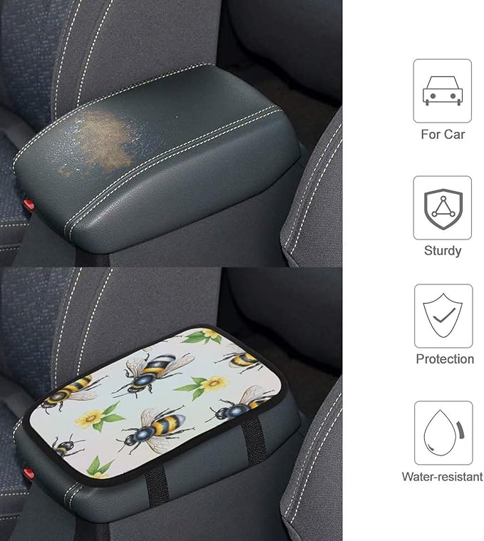 Cute Bee Flower Car Center Console Decor Handrail Armrest Box Cushion Insect Interior Covers Car Protector Pad Lid Cover Accessories Universal Fit for Auto Truck Vehicles