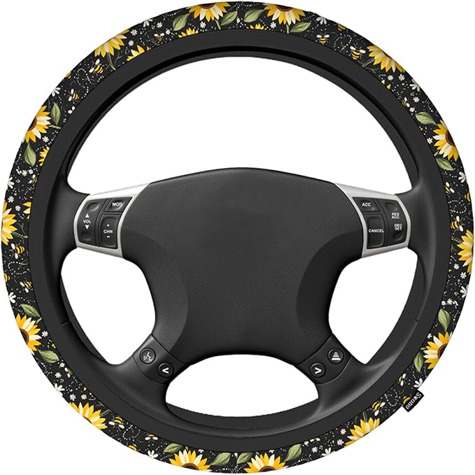Swono Sunflower Steering Wheel Cover Cartoon Sunflower and Bee On The Black Anti-Slip Car Wheel Wrap Compatible with Most Auto Cars Trucks with 15 Inch Steering Wheels