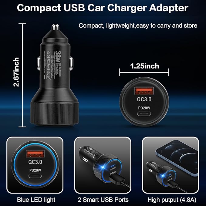 5Pack 38W USB C Car Charger Fast Charging, Cigarette Lighter Adapter, Boxeroo Multi Port PD/QC 3.0 Cargador para Carro, Dual USB-C & USB-A Car Outlet for iPhone 16/15/14/13/Pro Max, Samsung, Android