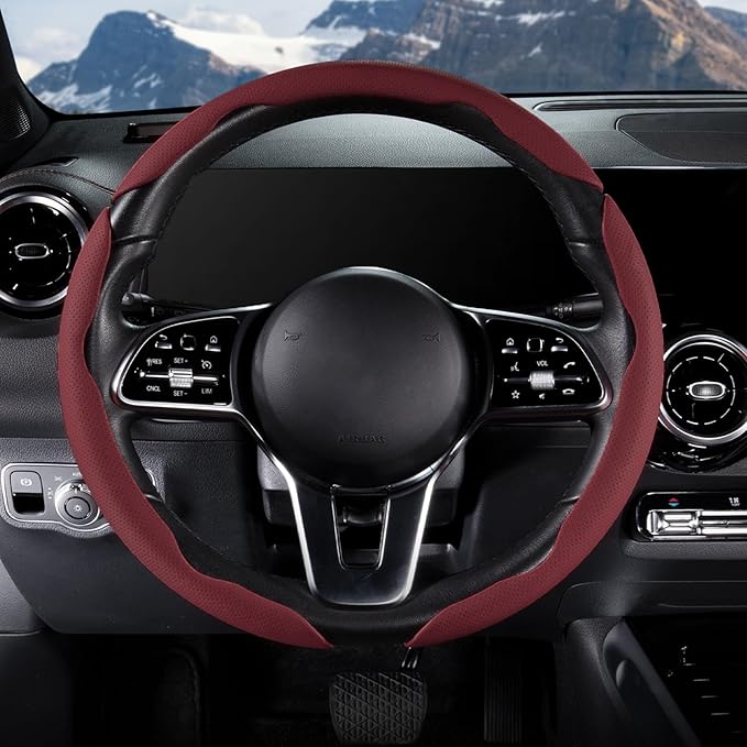 Car Steering Wheel Cover Leather Snap On 3Pcs Set Non-Slip Protector Wrap Steering Wheel Accessories 14.5-15 inch Universal Wine Red