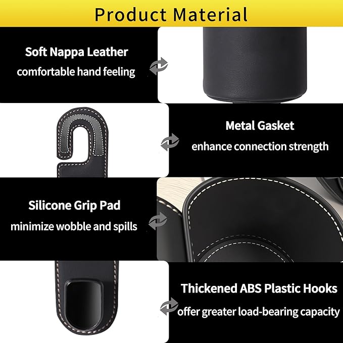 2Packs Cup Holder for Car Back Seat, Nappa Leather Storage Organizer Hook, 3 Inch Backseat Headrest Cup Holder for Car, Sedans, SUV, MPVS, Most Vehicles (Black)