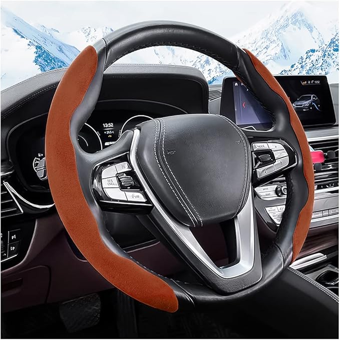 Car Steering Wheel Cover, Microfiber Suede Leather and Carbon Fiber Double Sided Design, Warm in Winter and Cool in Summer, Breathable Non Slip Segmented Protector for Most Cars (Turn Fur/Brown)