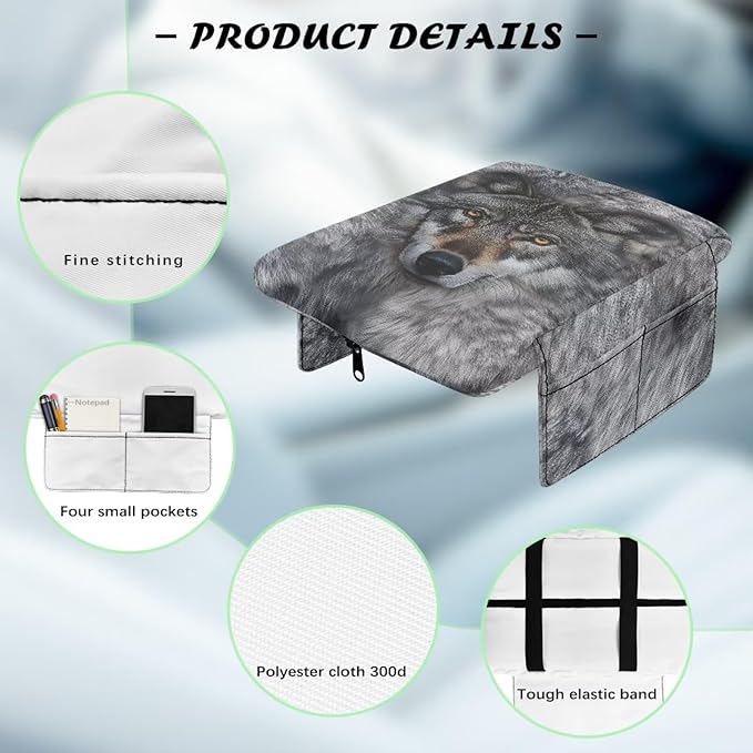 Dreaweet Car Center Console Cover with Pockets Grey Wolf Car Accessories for Women Men Thick Arm Rest Cover for Car SUV Truck Non Slip Comfortable Car Armrest Cushion Cover Pad
