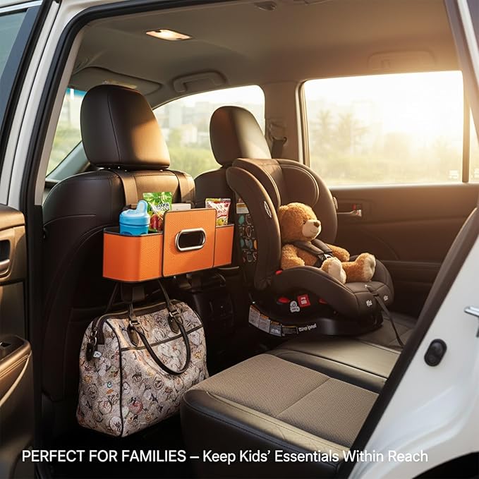 Car Organizers and Storage Box, 4 in 1 Multifunctional Car Organizer Back Seat with 2 Cup Holders & Tissue Box, Backseat Cars Organizer for Hold Phone, Snacks, Drinks, Handbag(White,2Pcs)