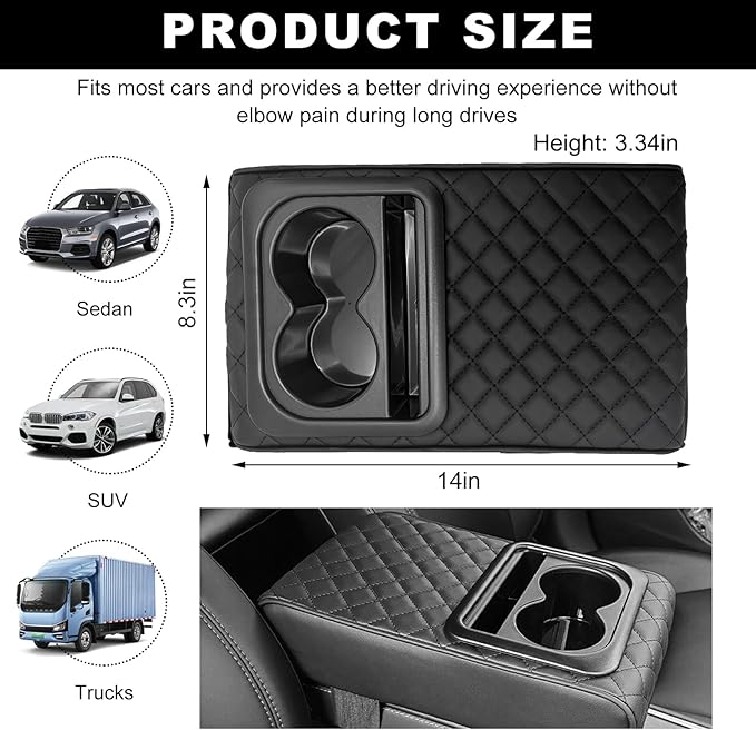 Car Center Console Armrest Pillow, 14.0"×8.3" Soft Memory Foam Armrest Cushion with Cup Holder Storage Bag, Waterproof Leather Vehicle Arm Rest Booster Pad for Most Cars (Diamond Pattern)